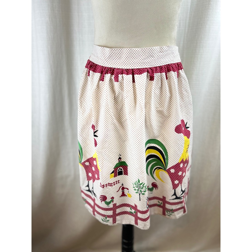 Vintage Rooster Farm Novelty Print Half Apron Red Polka Dot Country Kitchen